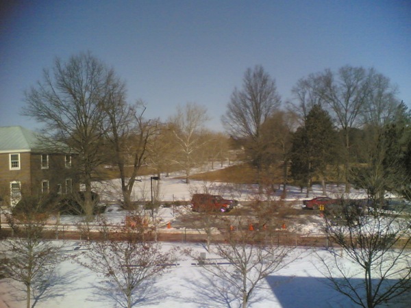 居室から研究所の前の草地を望む。芝生のところだけ雪に覆われているコントラストが美しい。